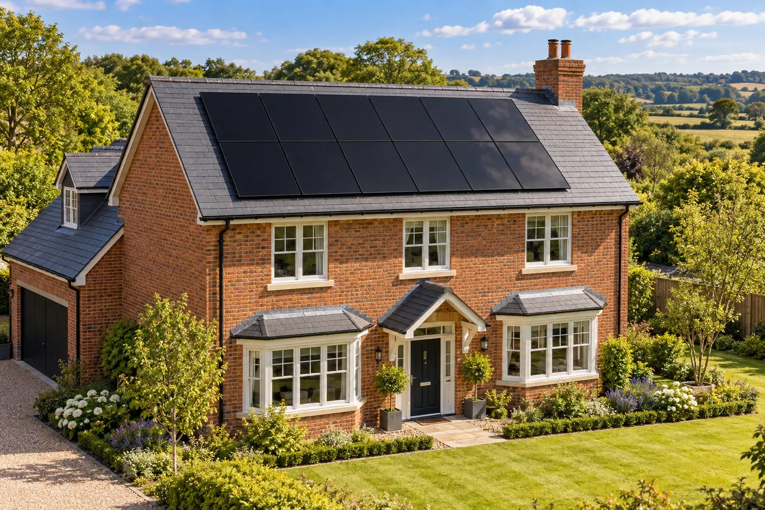 A red-brick detached home with neat, all-black solar panels on its roof in summer sunshine